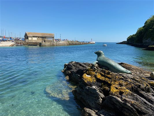 Statue of a seal named Nelson on the rocks in Looe Harbour